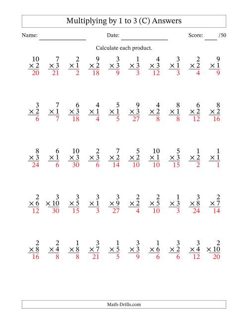 The Multiplying (1 to 10) by 1 to 3 (50 Questions) (C) Math Worksheet Page 2