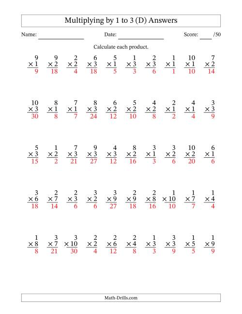 The Multiplying (1 to 10) by 1 to 3 (50 Questions) (D) Math Worksheet Page 2