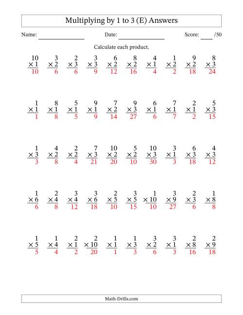 The Multiplying (1 to 10) by 1 to 3 (50 Questions) (E) Math Worksheet Page 2