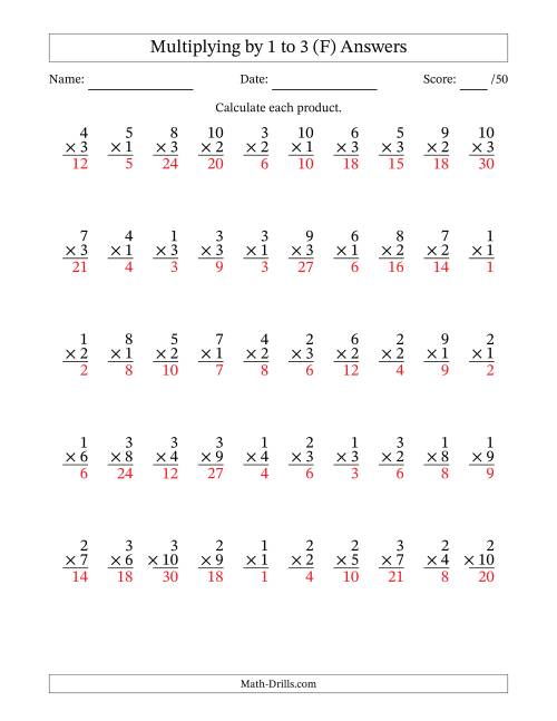 The Multiplying (1 to 10) by 1 to 3 (50 Questions) (F) Math Worksheet Page 2
