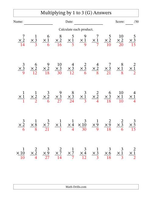 The Multiplying (1 to 10) by 1 to 3 (50 Questions) (G) Math Worksheet Page 2