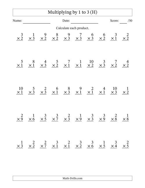 The Multiplying (1 to 10) by 1 to 3 (50 Questions) (H) Math Worksheet