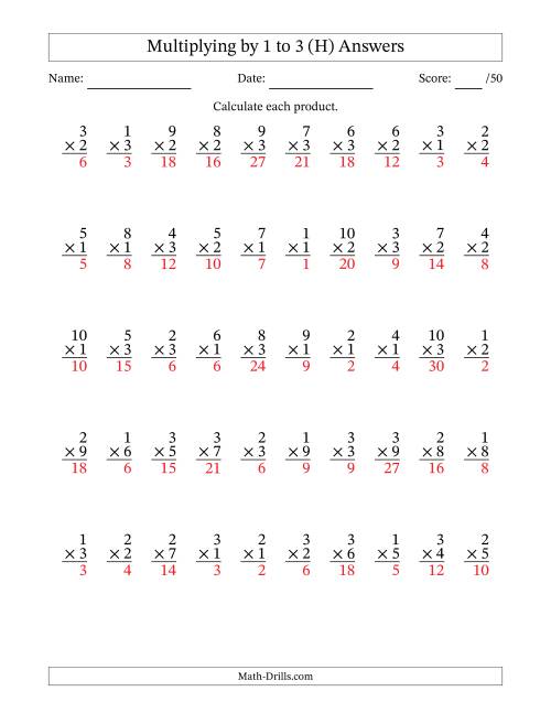 The Multiplying (1 to 10) by 1 to 3 (50 Questions) (H) Math Worksheet Page 2