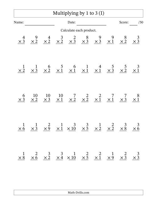The Multiplying (1 to 10) by 1 to 3 (50 Questions) (I) Math Worksheet