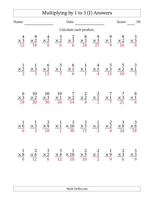 The Multiplying (1 to 10) by 1 to 3 (50 Questions) (I) Math Worksheet Page 2