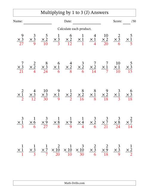 The Multiplying (1 to 10) by 1 to 3 (50 Questions) (J) Math Worksheet Page 2