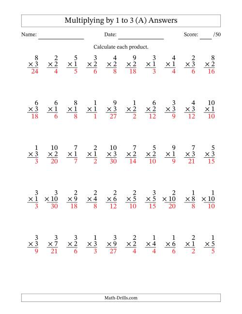 The Multiplying (1 to 10) by 1 to 3 (50 Questions) (All) Math Worksheet Page 2