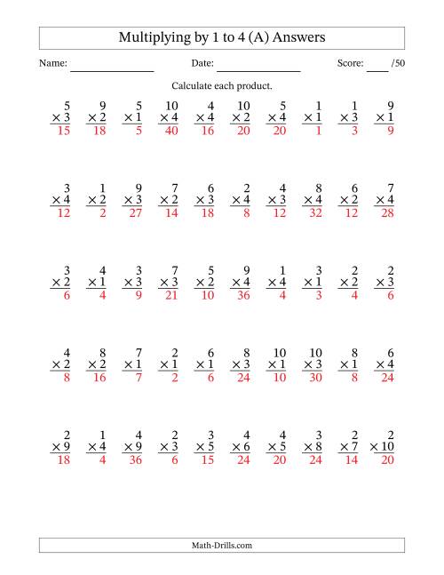 The Multiplying (1 to 10) by 1 to 4 (50 Questions) (A) Math Worksheet Page 2
