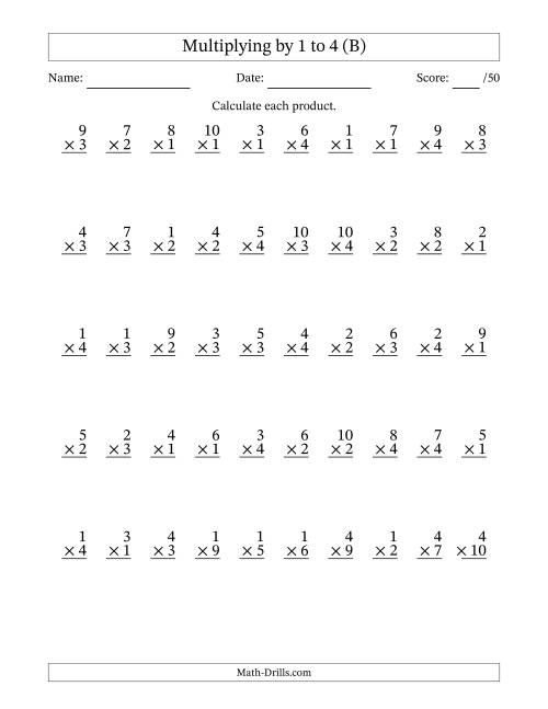 The Multiplying (1 to 10) by 1 to 4 (50 Questions) (B) Math Worksheet