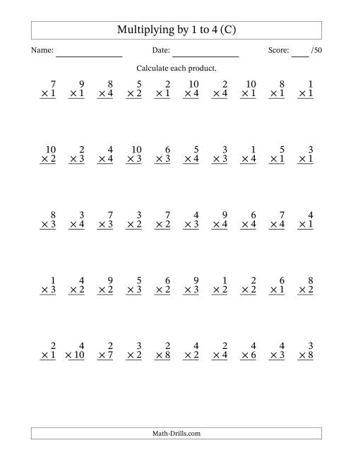 The Multiplying (1 to 10) by 1 to 4 (50 Questions) (C) Math Worksheet