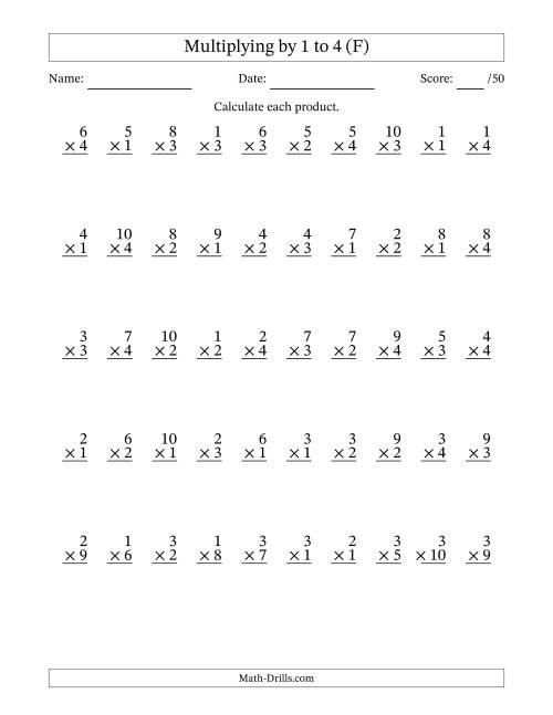 The Multiplying (1 to 10) by 1 to 4 (50 Questions) (F) Math Worksheet