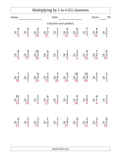 The Multiplying (1 to 10) by 1 to 4 (50 Questions) (G) Math Worksheet Page 2