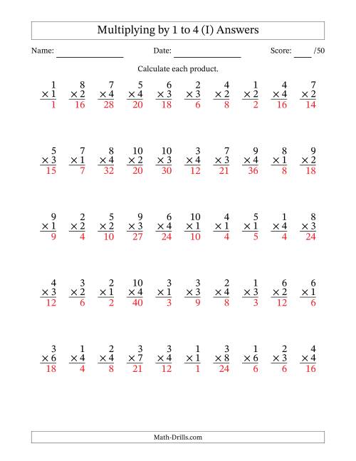 The Multiplying (1 to 10) by 1 to 4 (50 Questions) (I) Math Worksheet Page 2