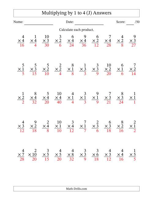 The Multiplying (1 to 10) by 1 to 4 (50 Questions) (J) Math Worksheet Page 2