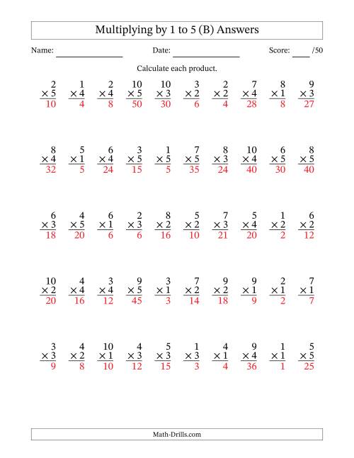 The Multiplying (1 to 10) by 1 to 5 (50 Questions) (B) Math Worksheet Page 2