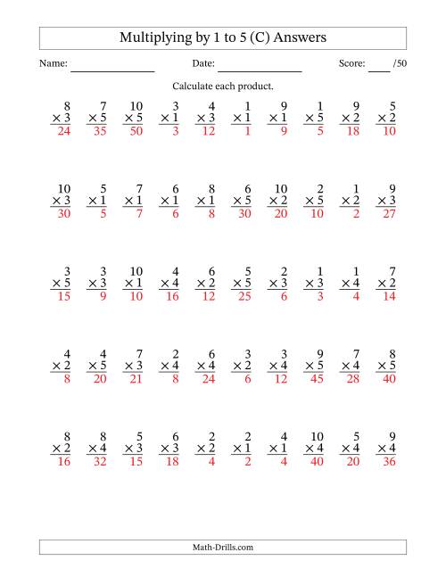The Multiplying (1 to 10) by 1 to 5 (50 Questions) (C) Math Worksheet Page 2