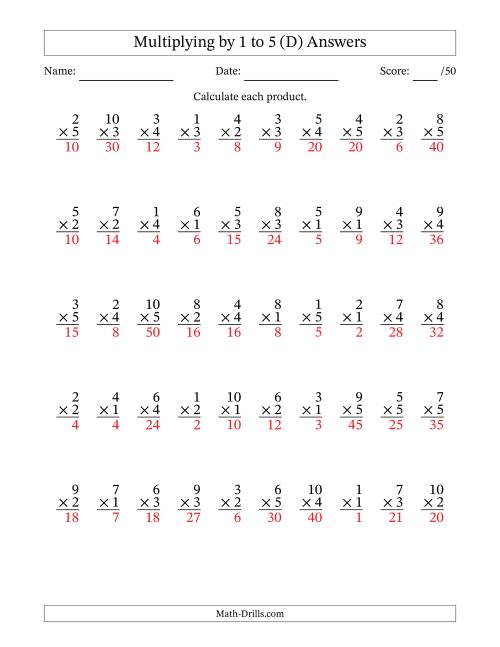 The Multiplying (1 to 10) by 1 to 5 (50 Questions) (D) Math Worksheet Page 2