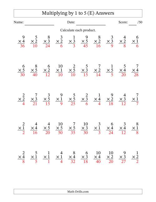 The Multiplying (1 to 10) by 1 to 5 (50 Questions) (E) Math Worksheet Page 2