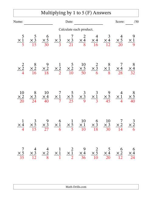 The Multiplying (1 to 10) by 1 to 5 (50 Questions) (F) Math Worksheet Page 2