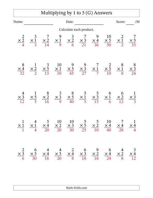 The Multiplying (1 to 10) by 1 to 5 (50 Questions) (G) Math Worksheet Page 2