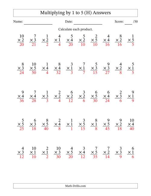 The Multiplying (1 to 10) by 1 to 5 (50 Questions) (H) Math Worksheet Page 2
