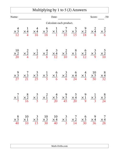 The Multiplying (1 to 10) by 1 to 5 (50 Questions) (J) Math Worksheet Page 2