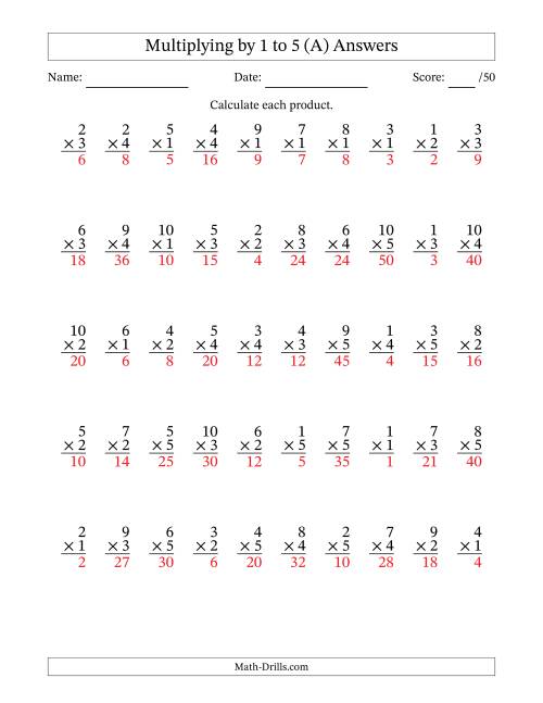 The Multiplying (1 to 10) by 1 to 5 (50 Questions) (All) Math Worksheet Page 2