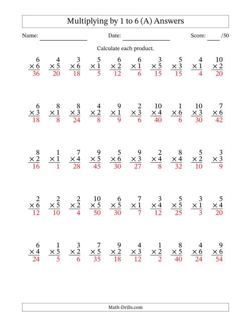 The Multiplying (1 to 10) by 1 to 6 (50 Questions) (A) Math Worksheet Page 2