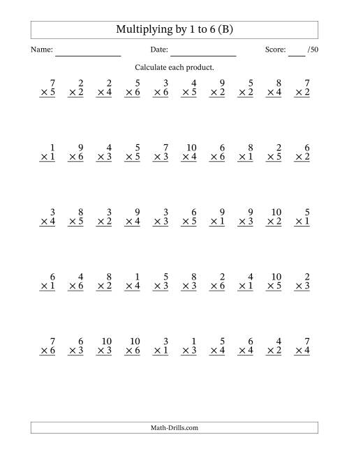 The Multiplying (1 to 10) by 1 to 6 (50 Questions) (B) Math Worksheet