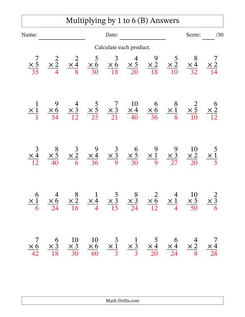 The Multiplying (1 to 10) by 1 to 6 (50 Questions) (B) Math Worksheet Page 2