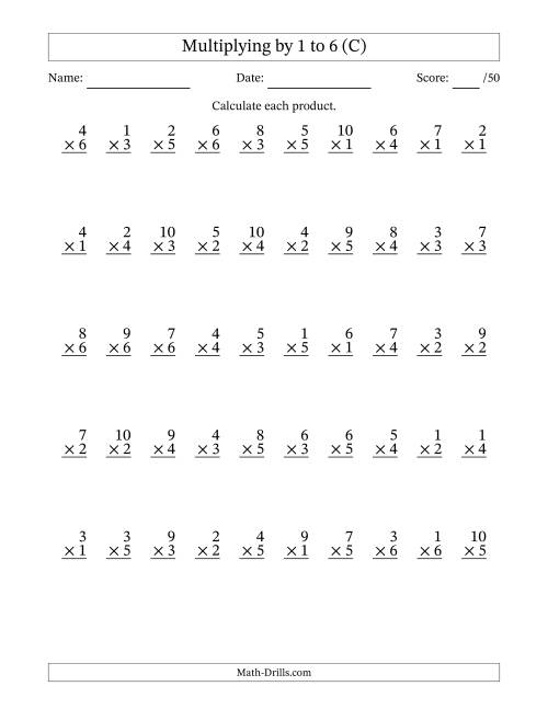 The Multiplying (1 to 10) by 1 to 6 (50 Questions) (C) Math Worksheet