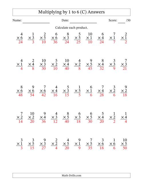 The Multiplying (1 to 10) by 1 to 6 (50 Questions) (C) Math Worksheet Page 2