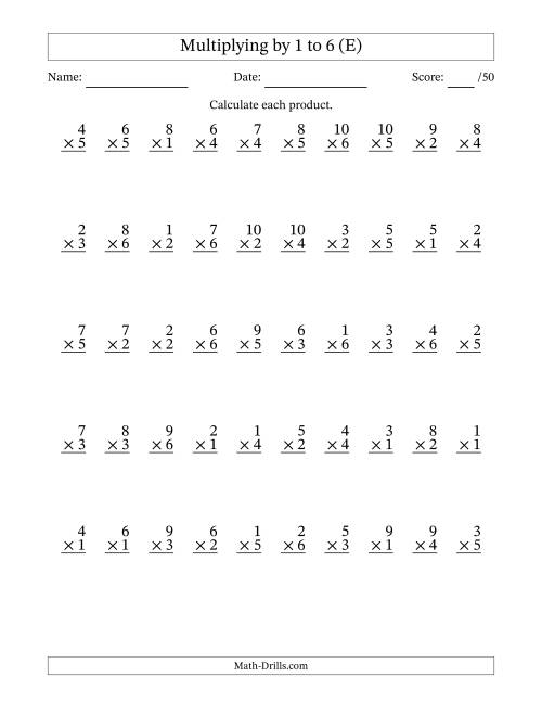 The Multiplying (1 to 10) by 1 to 6 (50 Questions) (E) Math Worksheet