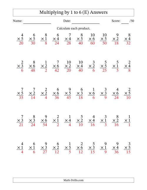 The Multiplying (1 to 10) by 1 to 6 (50 Questions) (E) Math Worksheet Page 2
