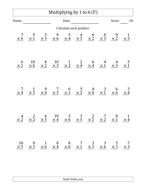 The Multiplying (1 to 10) by 1 to 6 (50 Questions) (F) Math Worksheet