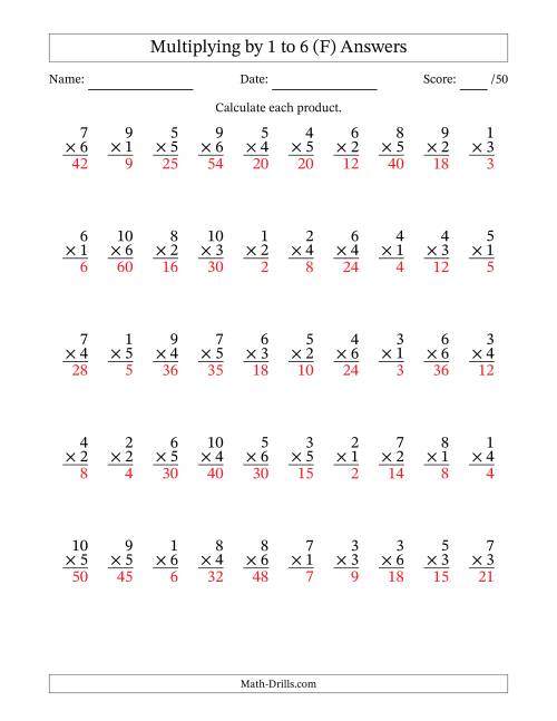 The Multiplying (1 to 10) by 1 to 6 (50 Questions) (F) Math Worksheet Page 2