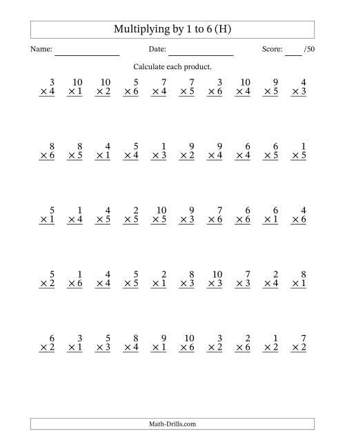 The Multiplying (1 to 10) by 1 to 6 (50 Questions) (H) Math Worksheet
