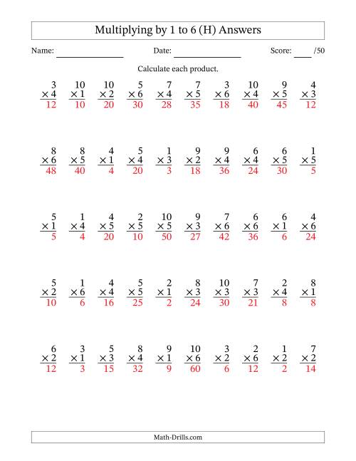 The Multiplying (1 to 10) by 1 to 6 (50 Questions) (H) Math Worksheet Page 2