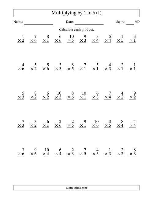 The Multiplying (1 to 10) by 1 to 6 (50 Questions) (I) Math Worksheet