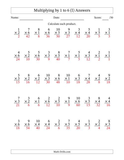 The Multiplying (1 to 10) by 1 to 6 (50 Questions) (I) Math Worksheet Page 2