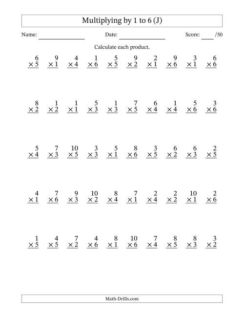 The Multiplying (1 to 10) by 1 to 6 (50 Questions) (J) Math Worksheet