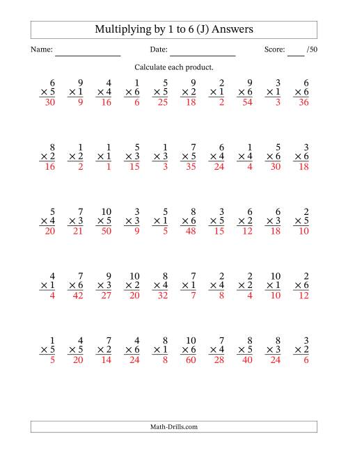 The Multiplying (1 to 10) by 1 to 6 (50 Questions) (J) Math Worksheet Page 2
