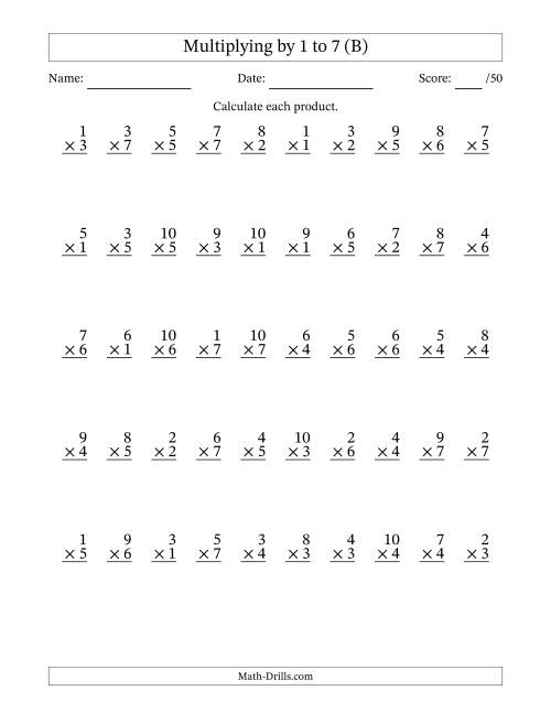 The Multiplying (1 to 10) by 1 to 7 (50 Questions) (B) Math Worksheet