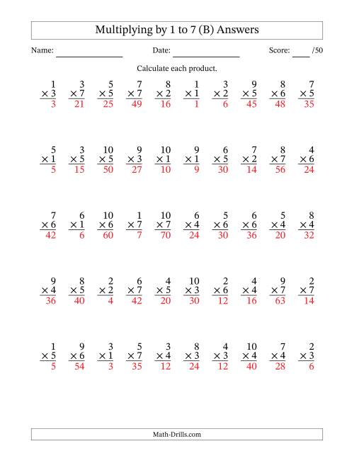 The Multiplying (1 to 10) by 1 to 7 (50 Questions) (B) Math Worksheet Page 2
