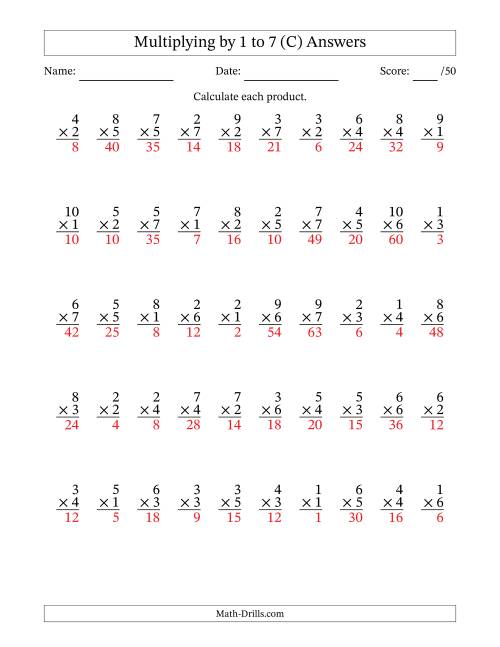 The Multiplying (1 to 10) by 1 to 7 (50 Questions) (C) Math Worksheet Page 2