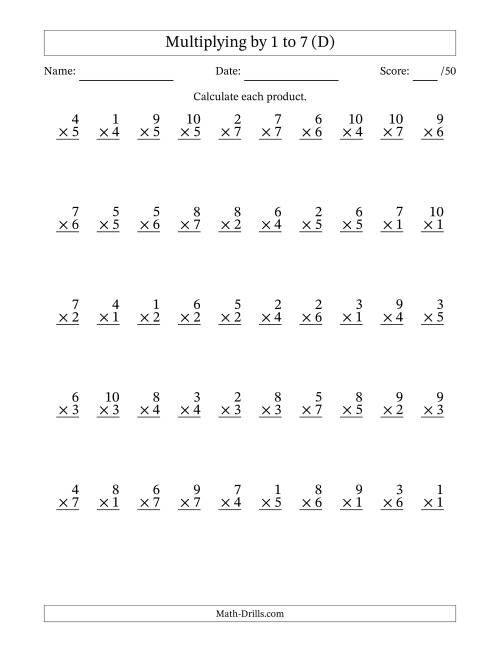 The Multiplying (1 to 10) by 1 to 7 (50 Questions) (D) Math Worksheet