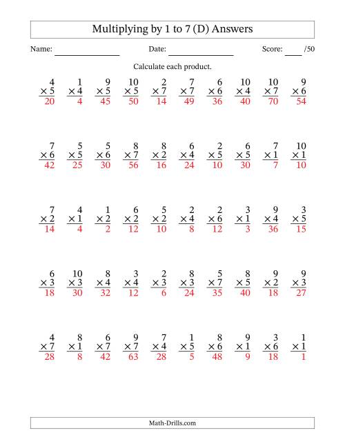 The Multiplying (1 to 10) by 1 to 7 (50 Questions) (D) Math Worksheet Page 2