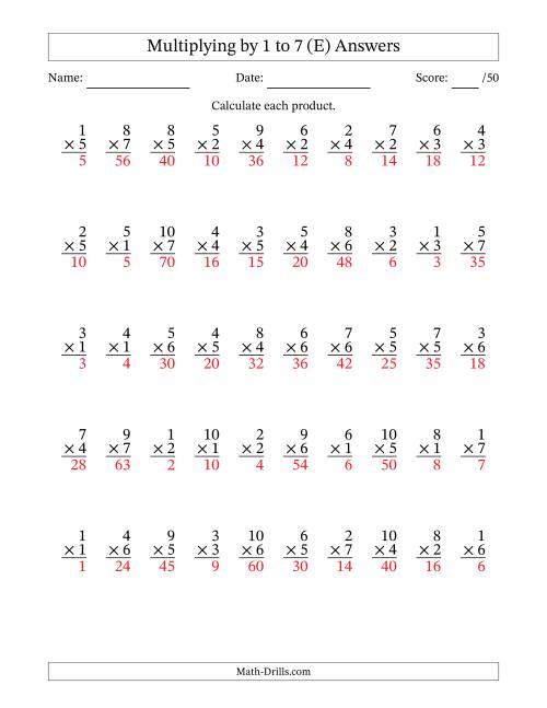 The Multiplying (1 to 10) by 1 to 7 (50 Questions) (E) Math Worksheet Page 2