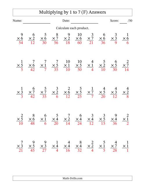 The Multiplying (1 to 10) by 1 to 7 (50 Questions) (F) Math Worksheet Page 2
