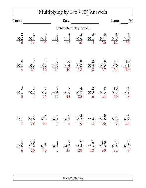 The Multiplying (1 to 10) by 1 to 7 (50 Questions) (G) Math Worksheet Page 2